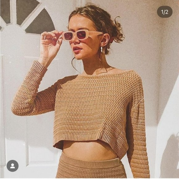 Paper Heart Boho Crochet Cotton Knit Tan Cropped Sweater Jumper